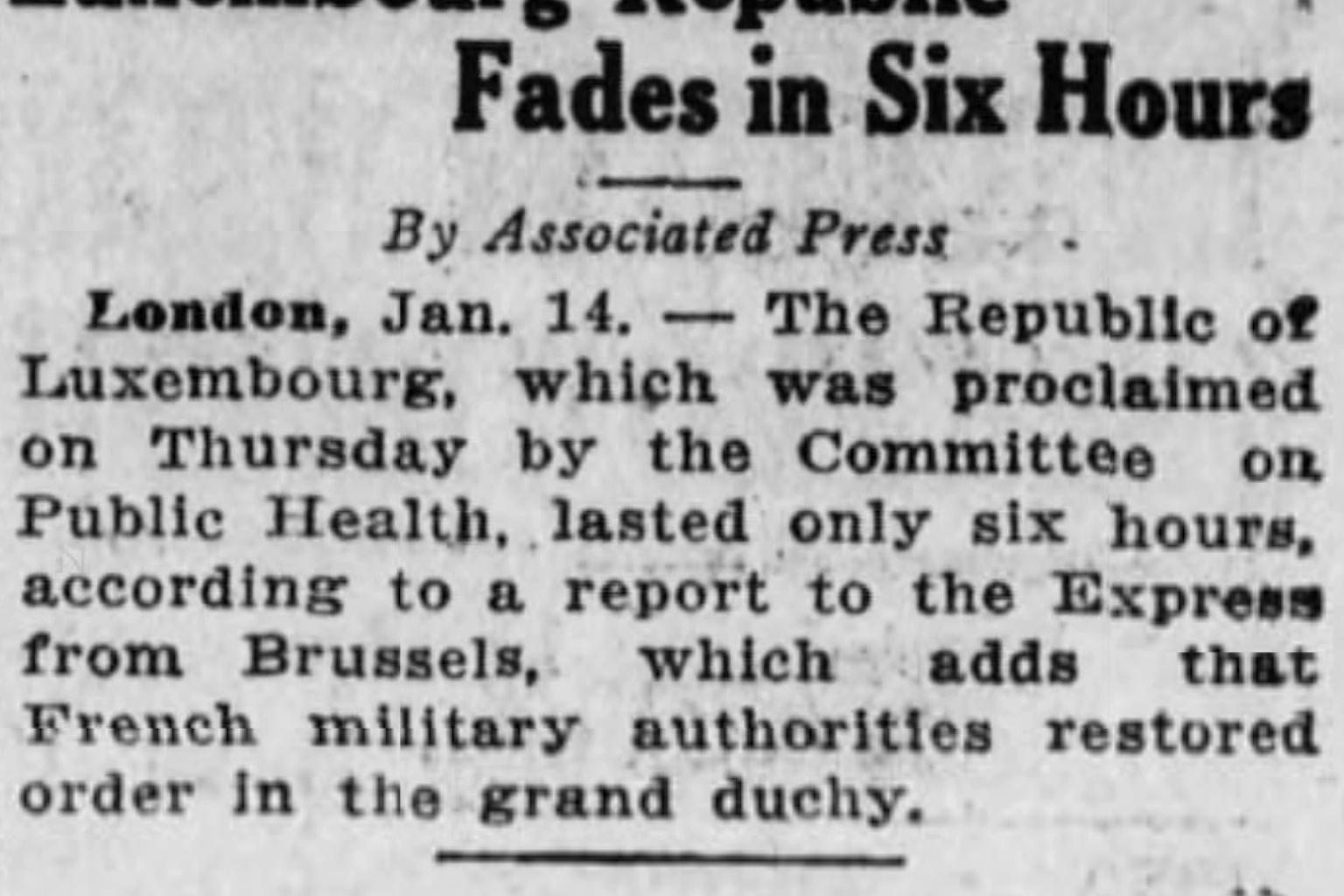 A report from the Associated Press on the 1919 Luxembourg Rebellion from the Harrisburg Telegraph Newspaper