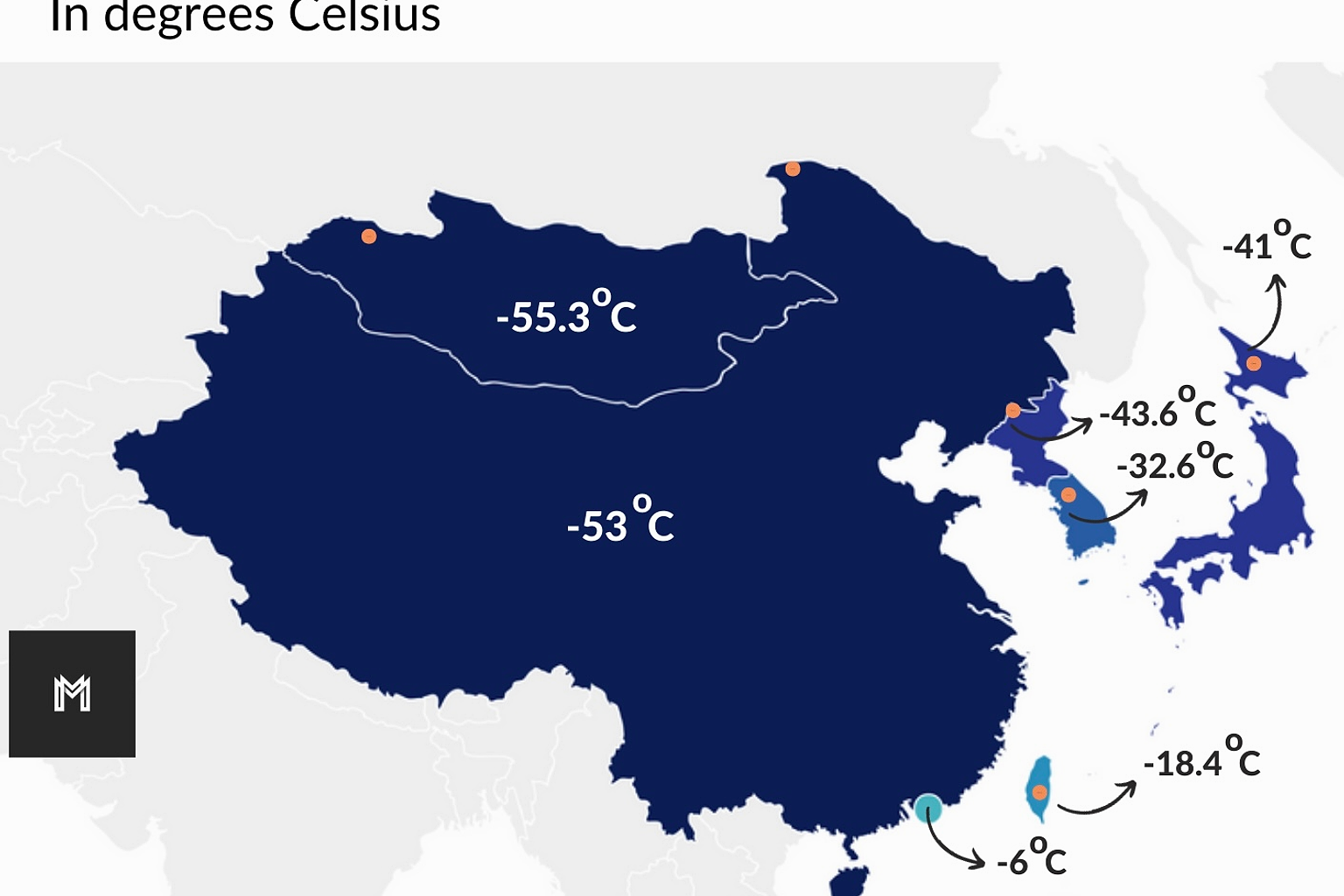 The lowest temperature ever recorded in East Asia
