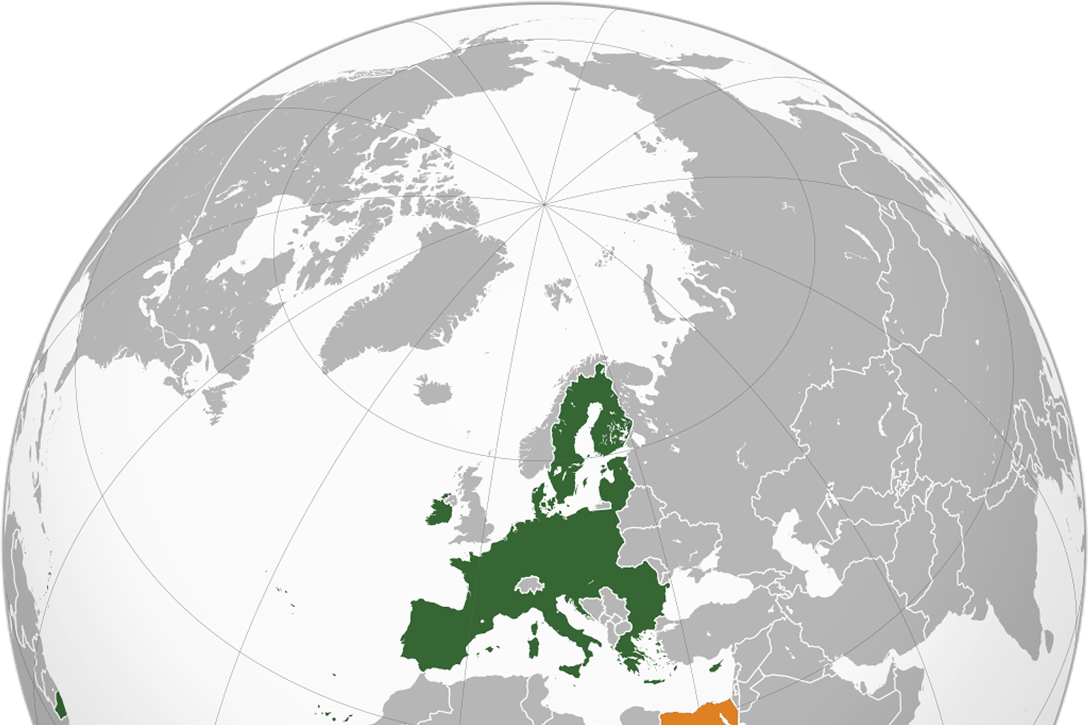 European Union member states (green) in relation to the country of Egypt (orange).