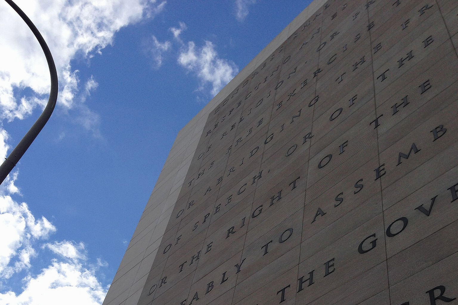 The First Amendment of the United States Constitution on the facade of the Newseum in Washington, D.C., USA.