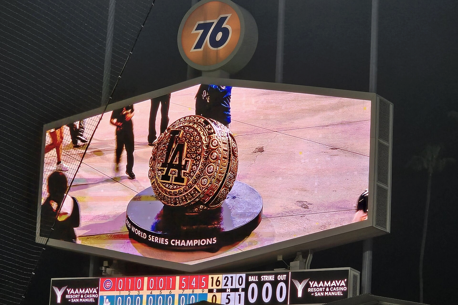 2024 Dodgers World Series Championship Ring on the Dodger Stadium Scoreboard, Chicago Cubs at Los Angeles Dodgers, (April 12, 2025)