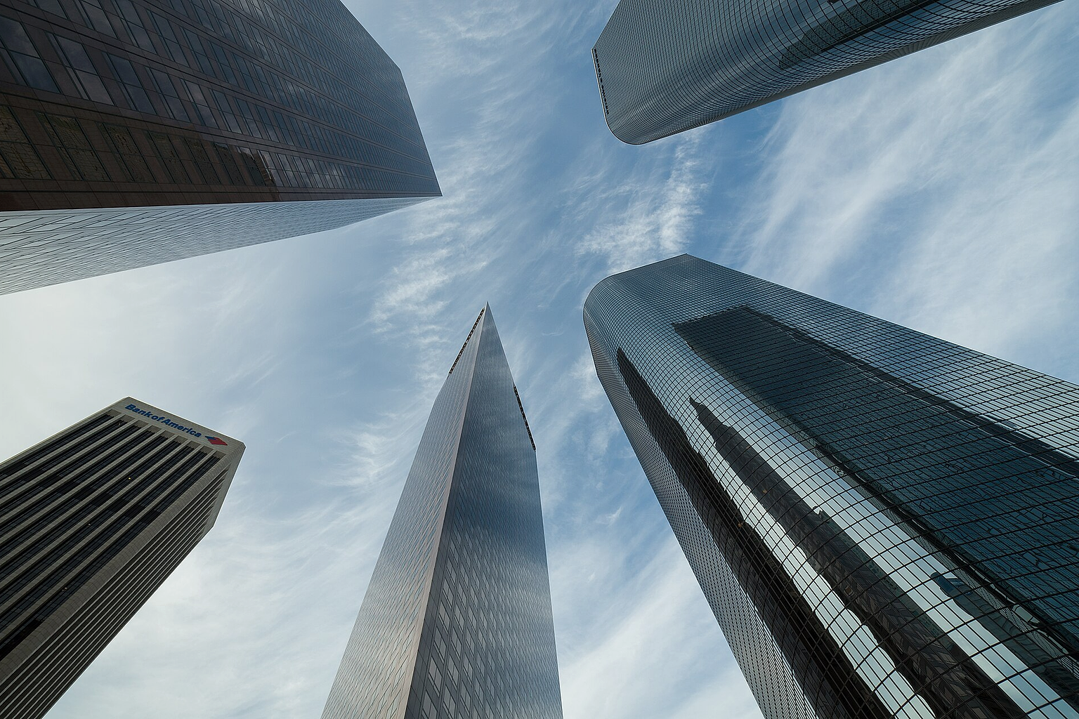 Skyscrapers on Bunker Hill , in Downtown Los Angeles. Photographed from the ground plane.