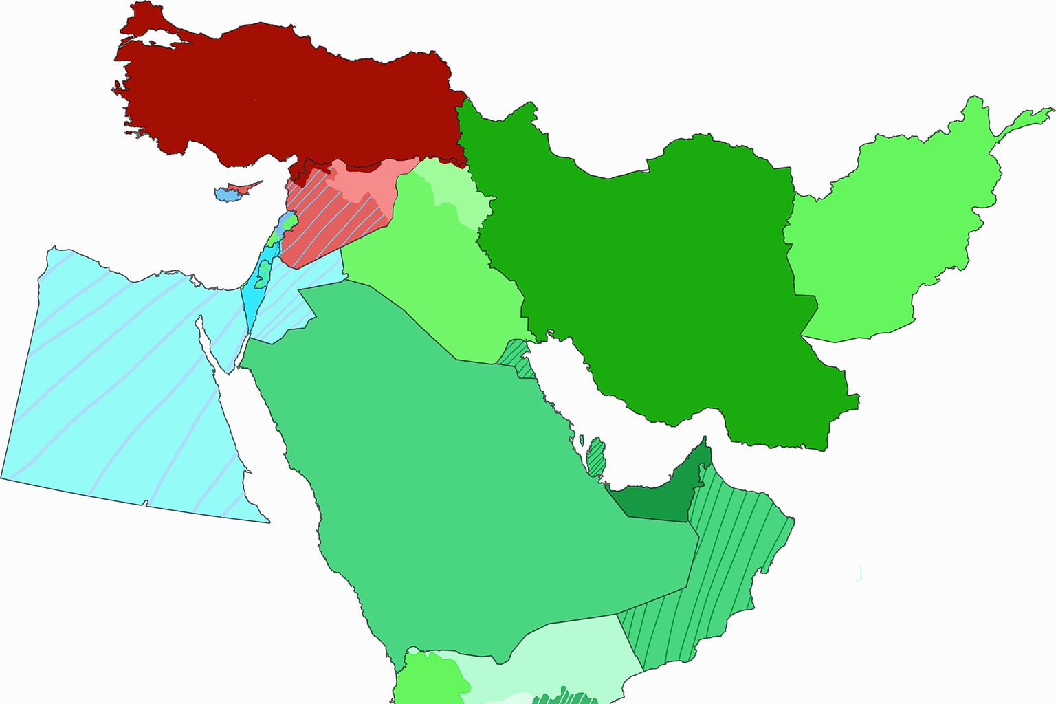A map of the alliances of the Middle East, including rebel groups. Color coded for ease of use. - Medium Dark Green - Iran Green - Axis of Resistance Cyan - Israel Baby Blue - Israeli allied states Light Blue - American aligned states Dark Red - Turkey Light Red - Turkish allied groups/states Teal - Saudi Arabia Light Teal - Saudi allied groups Dark Green - UAE Dark Teal - Emirati aligned groups Gray - Other