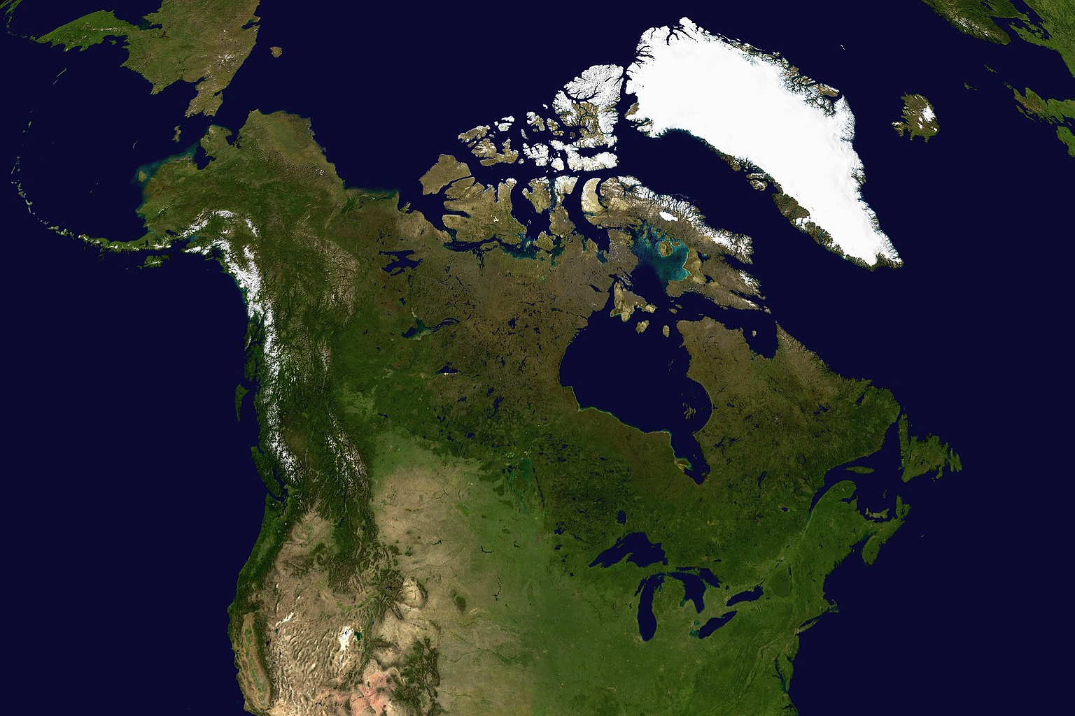 A composite satellite photograph of North America . The observer is centered at (40° N, 95° W), at Moon distance above the Earth .