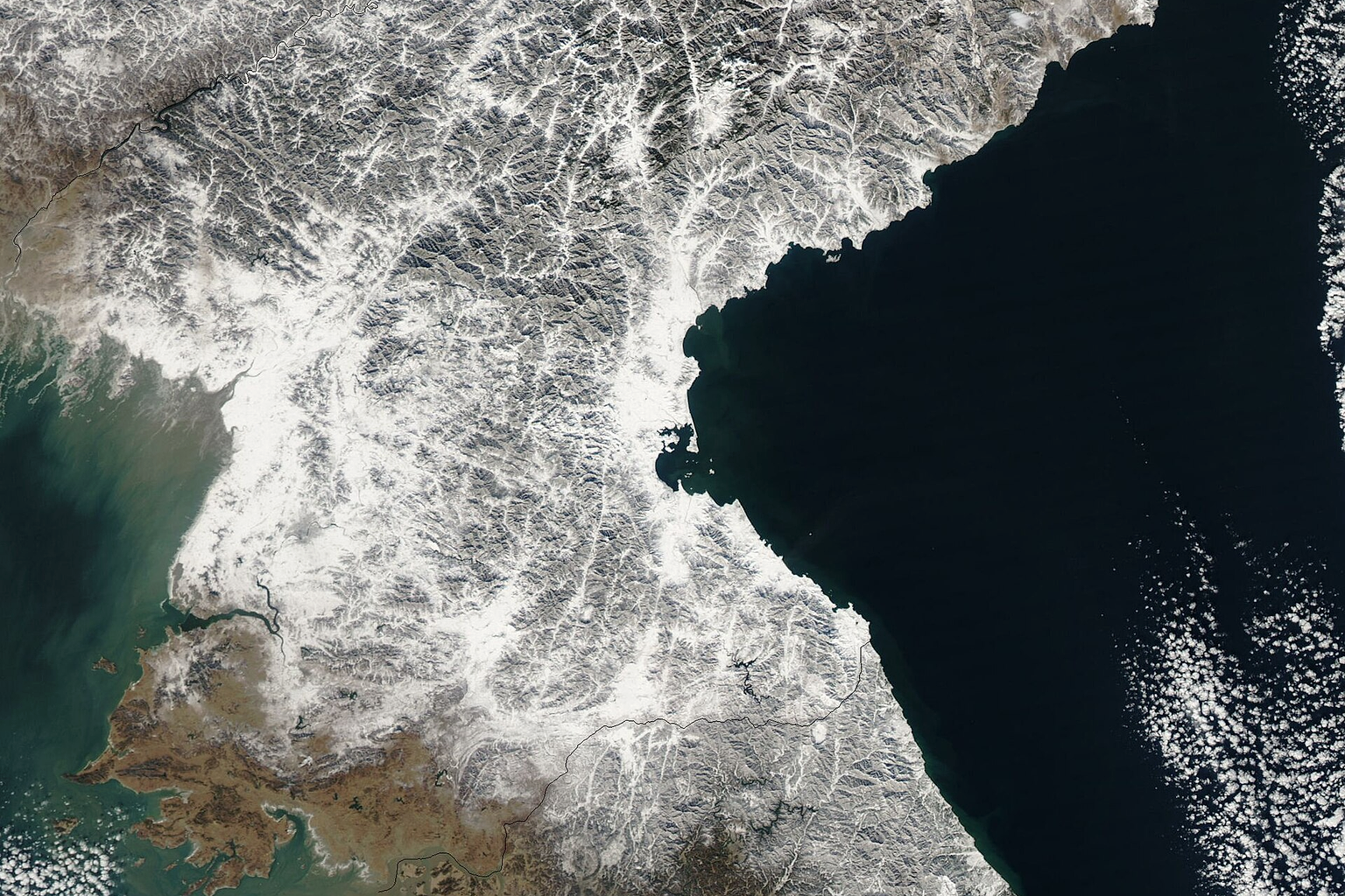 Satellite image of North Korea in December 2002. Cropped image, original taken from NASA's Visible Earth [1] , Aqua satellite.