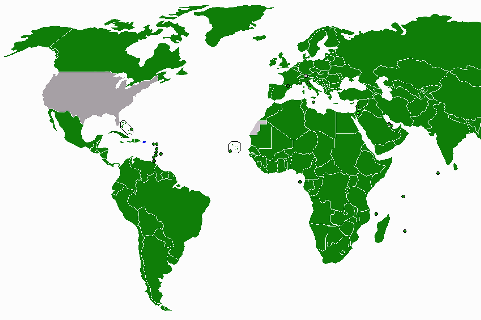 A global map of countries by World Health Organization membership status. WHO members - dark green; observers - light green; invited delegations - blue.