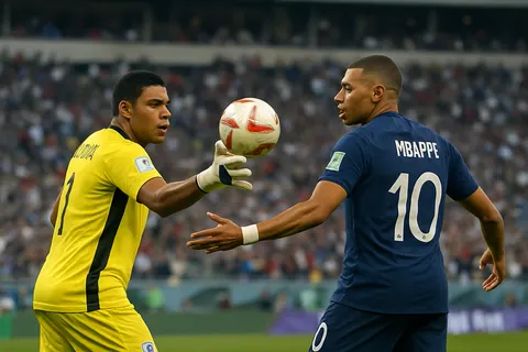 Editorial image for Paraguay Goalkeeper Orlando Gill Throws Ball at France’s Kylian Mbappé After World Cup Match