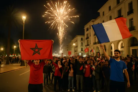 Editorial image for Fireworks Light Up as Morocco and France Fans Celebrate Ahead of World Cup Match