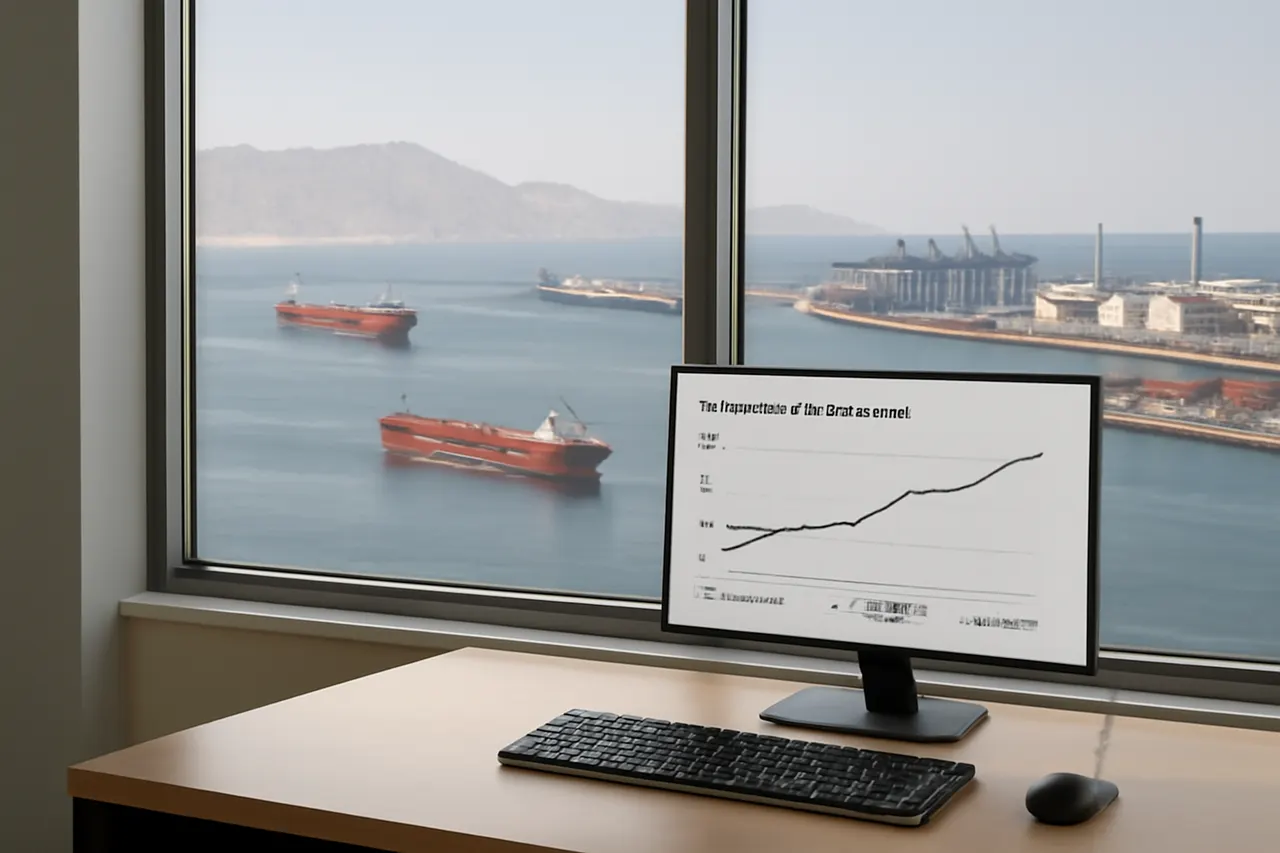 Industrial port worker overlooking bulk-material handling equipment and a cargo vessel.