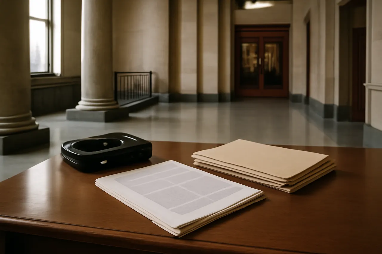 Quiet courthouse or legal-work setting with documents and civic architecture.