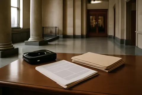 Quiet courthouse or legal-work setting with documents and civic architecture.