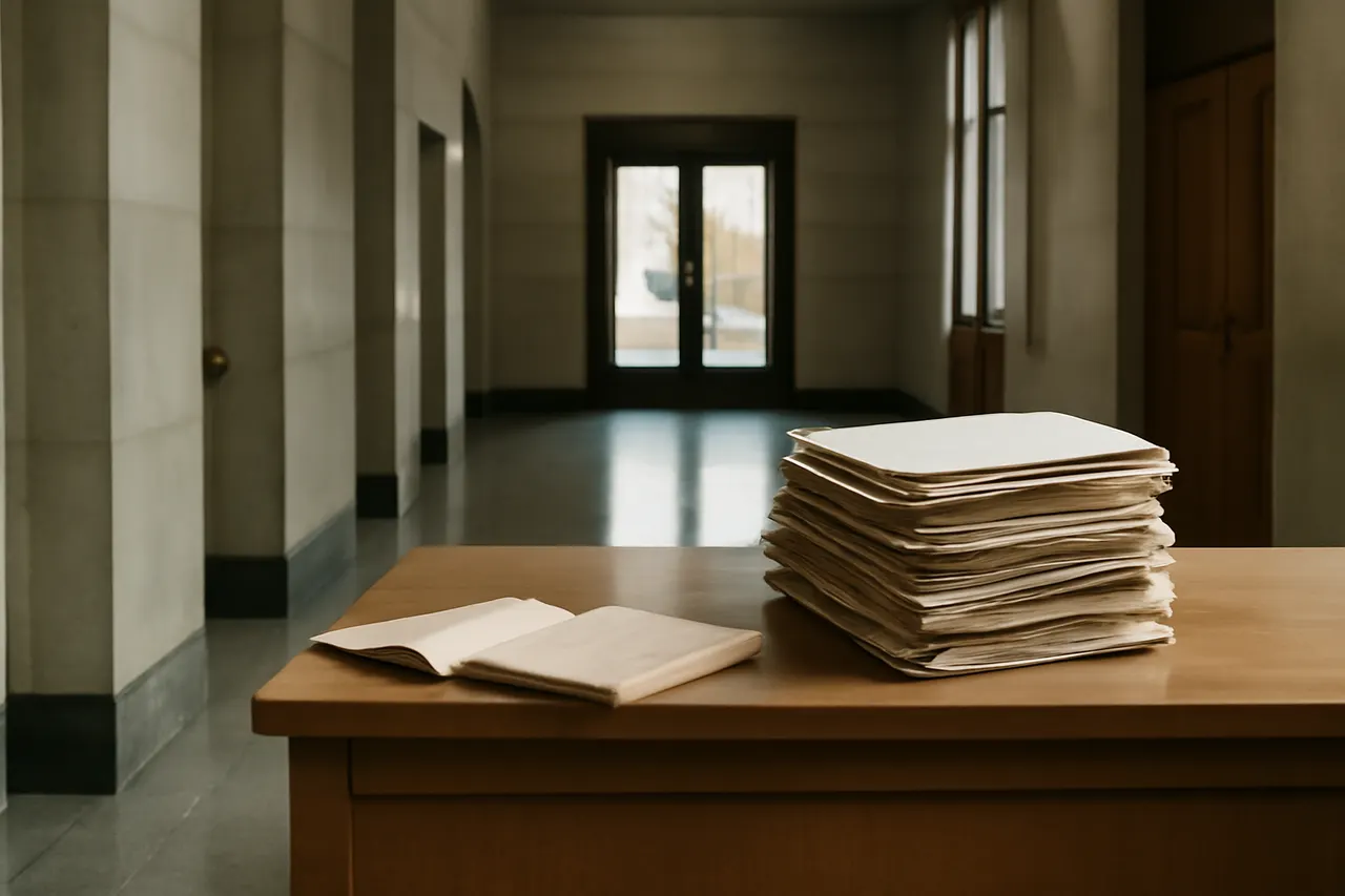 Quiet courthouse or legal-work setting with documents and civic architecture.