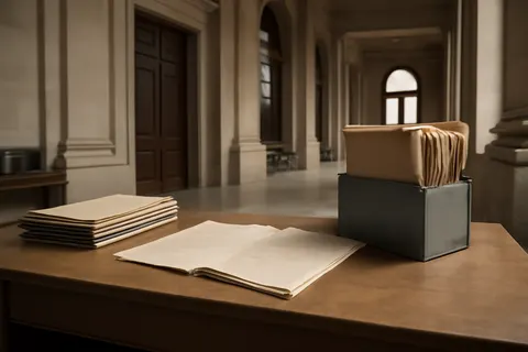Quiet courthouse or legal-work setting with documents and civic architecture.