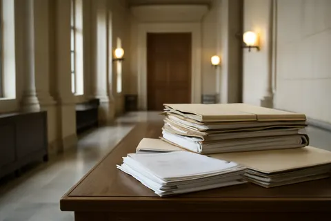 Quiet courthouse or legal-work setting with documents and civic architecture.