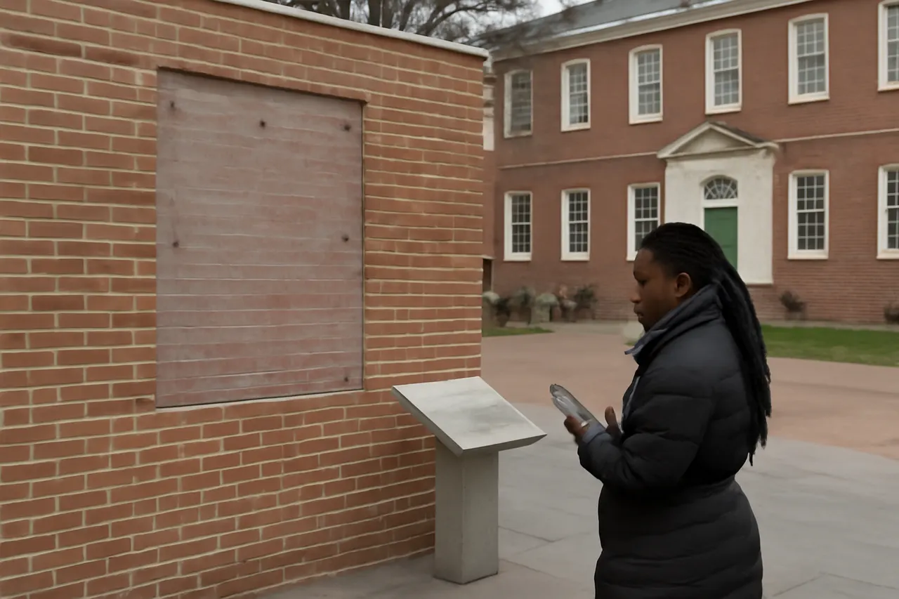 Grounded editorial scene illustrating Activists and visitors express sadness over the erasure of panels honoring enslaved Africans who served George Washington in Philadelphia’s historic President’s House.