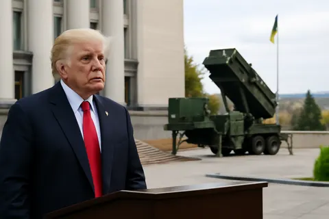 Grounded editorial scene illustrating US President Donald Trump indicates possible authorization for Ukraine to produce Patriot air defense missiles, a move analysts view as supportive but caution about long timelines.