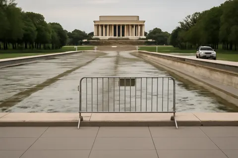 Grounded editorial scene illustrating Efforts to revamp the Lincoln Memorial Reflecting Pool, directed by former President Donald Trump, face setbacks including algae blooms, peeling paint, and vandalism charges.