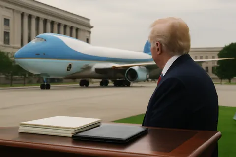 Grounded editorial scene illustrating US President Donald Trump’s new Air Force One, gifted by Qatar, faces scrutiny after he opted to fly home on an older jet amid security questions.