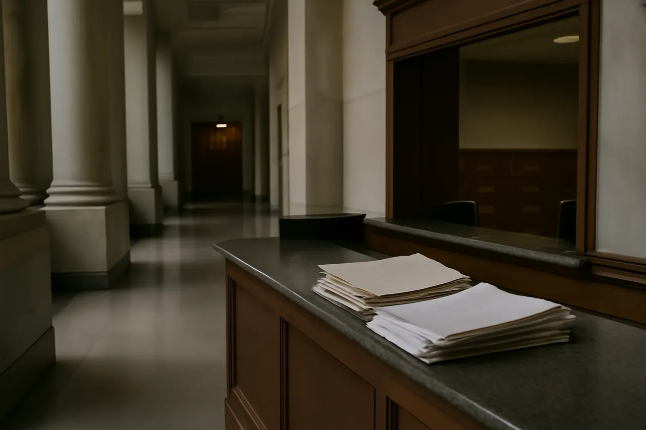 Quiet courthouse or legal-work setting with documents and civic architecture.