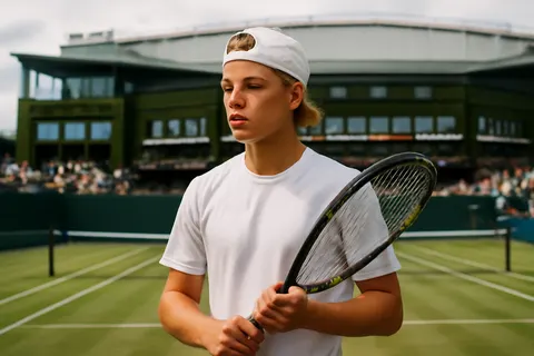 Grounded editorial scene illustrating Seventeen-year-old Cruz Hewitt maintains a flawless record at Wimbledon as he prepares to face American Jordan Lee in the boys' final.