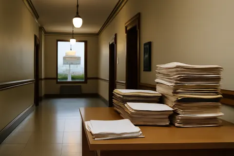 Quiet courthouse or legal-work setting with documents and civic architecture.