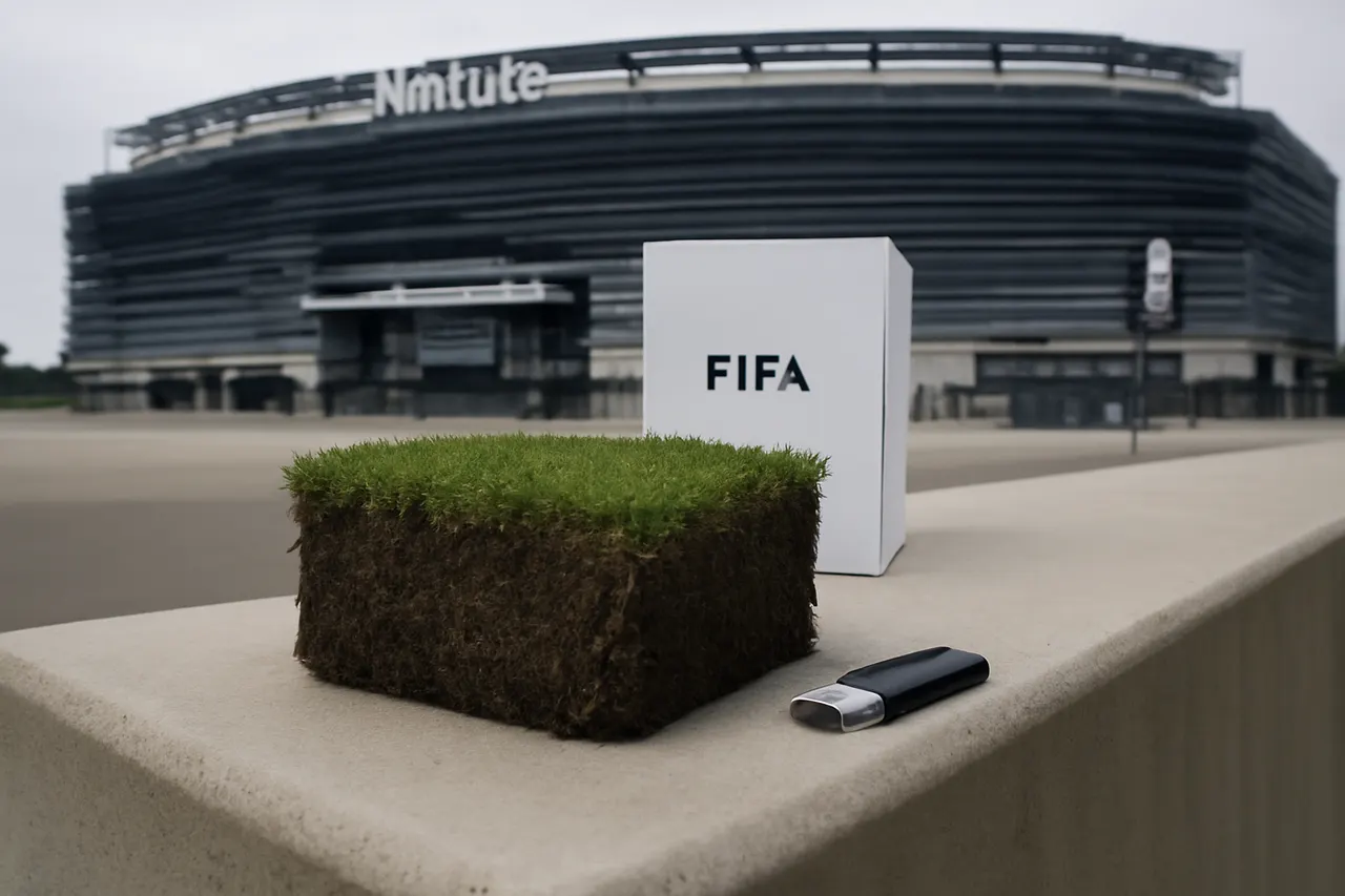 Grounded editorial scene illustrating FIFA is selling segments of the turf from the World Cup final field at MetLife Stadium, alongside high-priced tickets for the event.