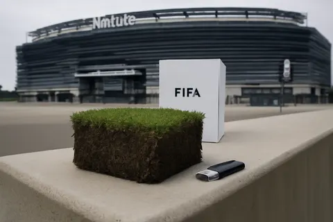 Grounded editorial scene illustrating FIFA is selling segments of the turf from the World Cup final field at MetLife Stadium, alongside high-priced tickets for the event.