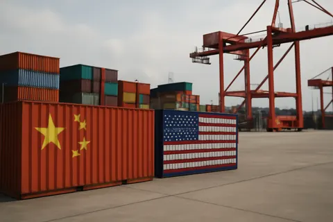 Industrial port worker overlooking bulk-material handling equipment and a cargo vessel.