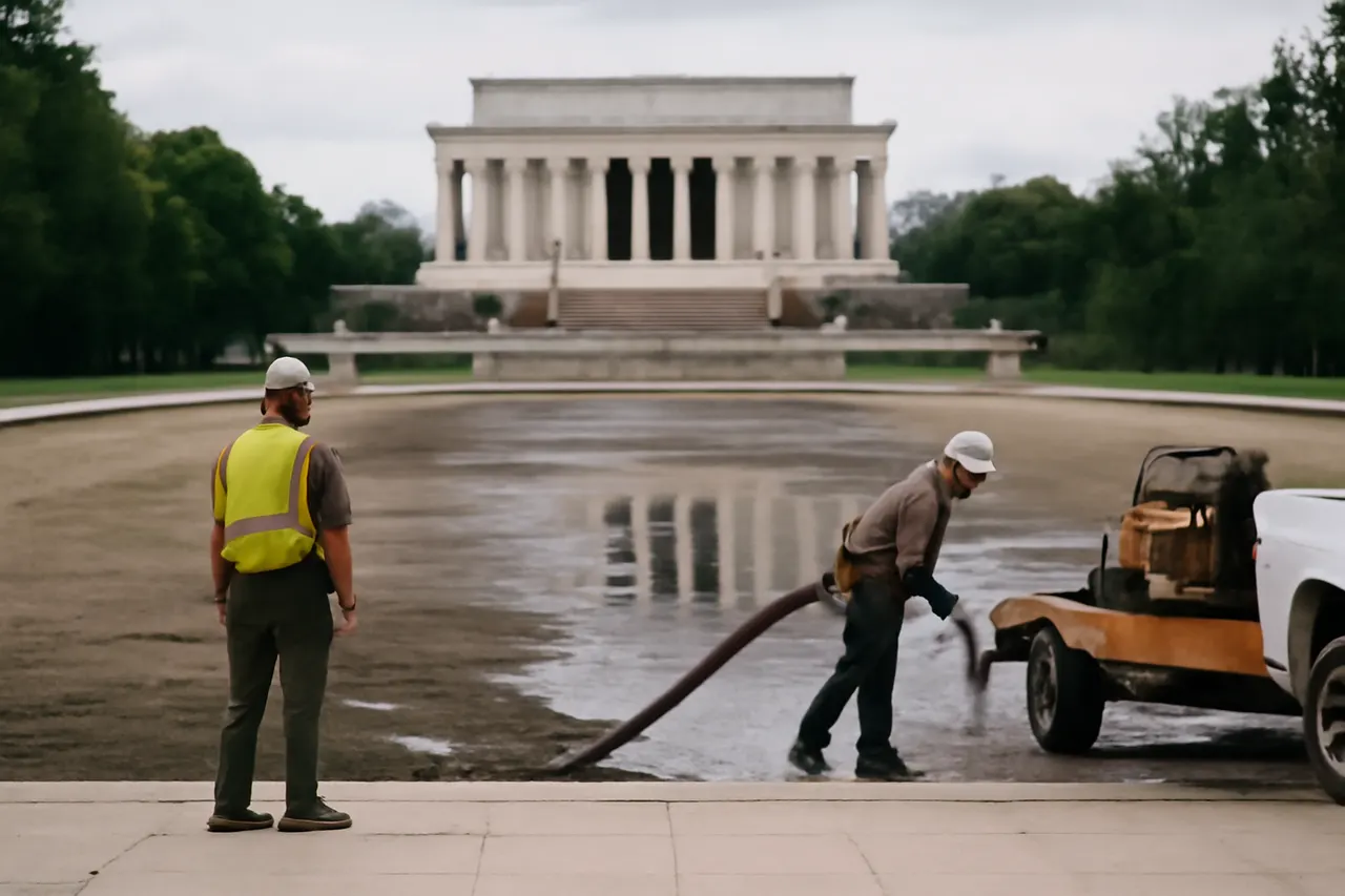Grounded editorial scene illustrating The Lincoln Memorial reflecting pool in Washington DC is being drained again as part of a planned maintenance initiative linked to Donald Trump’s beautification project.
