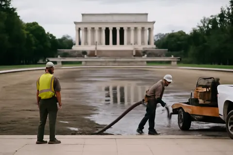 Grounded editorial scene illustrating The Lincoln Memorial reflecting pool in Washington DC is being drained again as part of a planned maintenance initiative linked to Donald Trump’s beautification project.