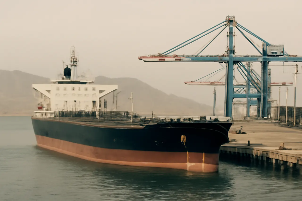 Industrial port worker overlooking bulk-material handling equipment and a cargo vessel.
