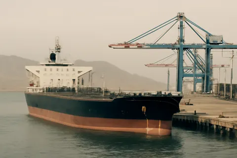 Industrial port worker overlooking bulk-material handling equipment and a cargo vessel.