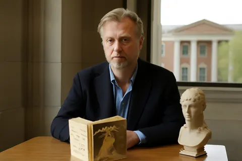 Grounded editorial scene illustrating Director Christopher Nolan responds to backlash over race-swapping and modern elements in his upcoming film adaptation of 'The Odyssey,' calling pre-release criticism premature and irrelevant.