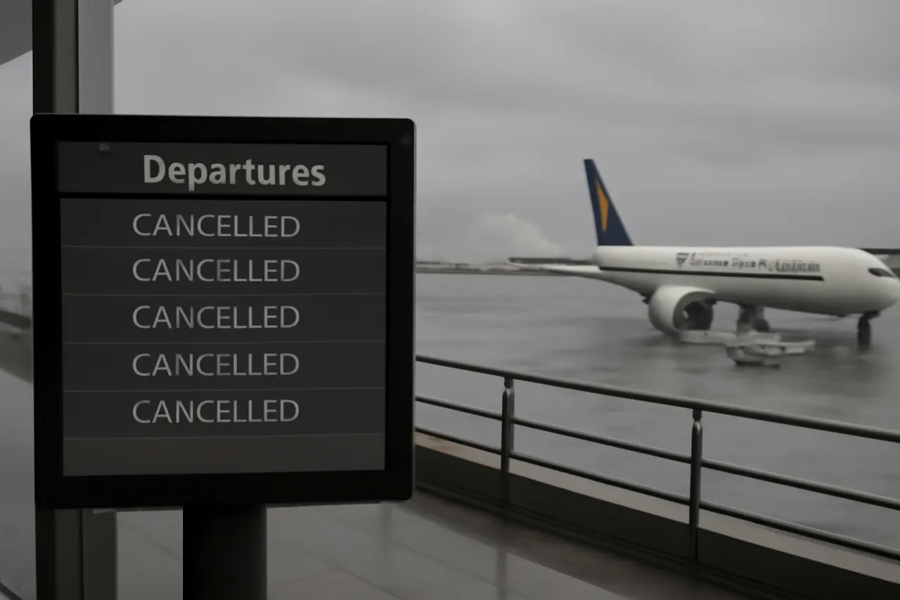 Grounded editorial scene illustrating Singapore Airlines cancels multiple flights as Typhoon Bavi, one of the largest storms in over 30 years, impacts Taiwan, China, and parts of Asia.