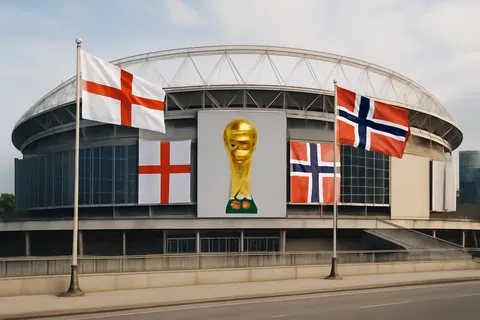 Grounded editorial scene illustrating England captain Harry Kane and Norway striker Erling Haaland, both prolific scorers, prepare to face off in the 2026 World Cup quarterfinal as their teams vie for a semifinal spot.