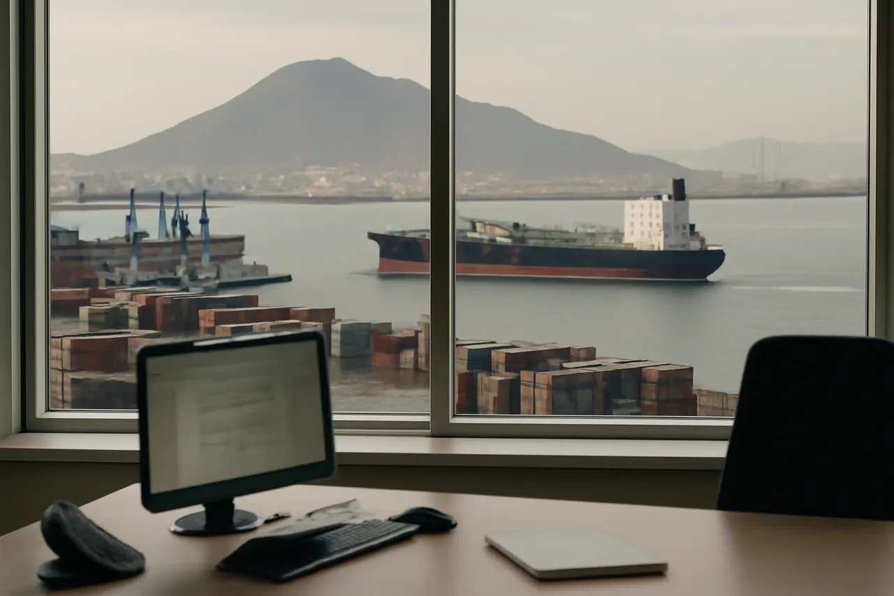 Industrial port worker overlooking bulk-material handling equipment and a cargo vessel.