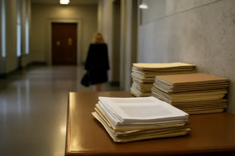 Quiet courthouse or legal-work setting with documents and civic architecture.