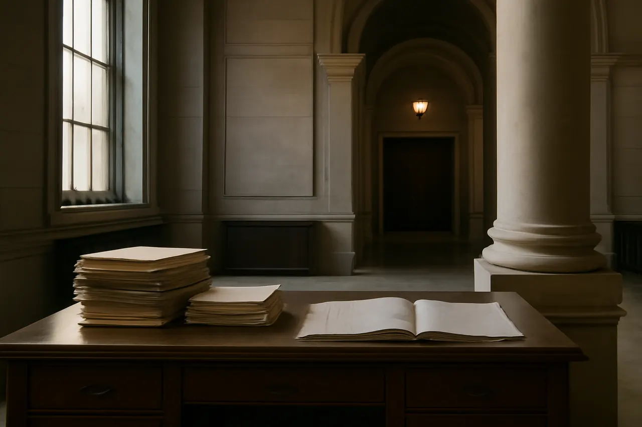 Quiet courthouse or legal-work setting with documents and civic architecture.