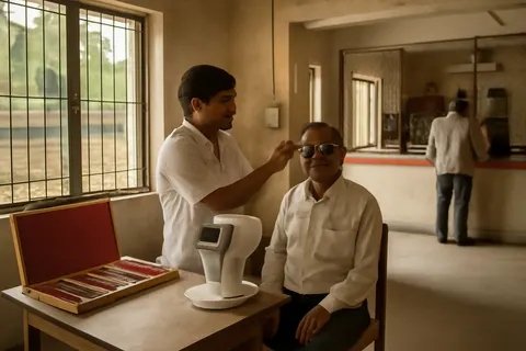 Grounded editorial scene illustrating In some Indian towns, post offices are beginning to offer eye tests to visitors struggling with vision, aiming to address the widespread lack of glasses among those who need them.