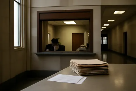 Quiet courthouse or legal-work setting with documents and civic architecture.