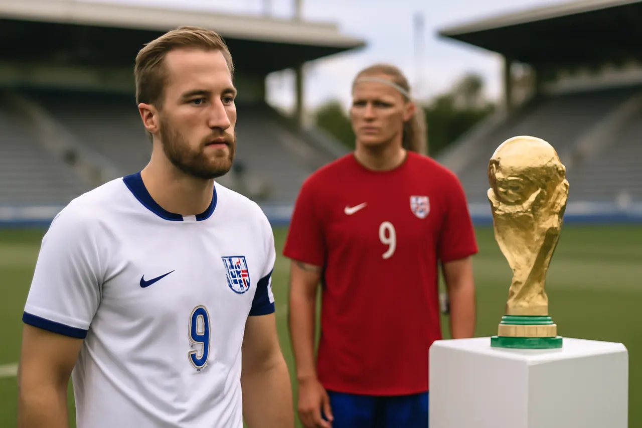 Grounded editorial scene illustrating England prepares to face Norway in a highly anticipated FIFA World Cup 2026 quarterfinal match featuring stars Harry Kane and Erling Haaland.