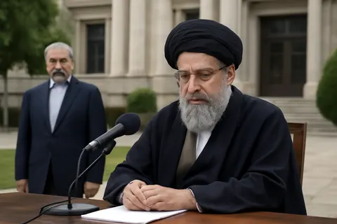 Grounded editorial scene illustrating Ayatollah Mojtaba Khamenei vows to avenge the killing of his father in US-Israeli airstrikes, while US President Donald Trump threatens missile strikes on Iran.