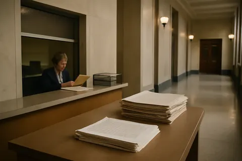 Quiet courthouse or legal-work setting with documents and civic architecture.