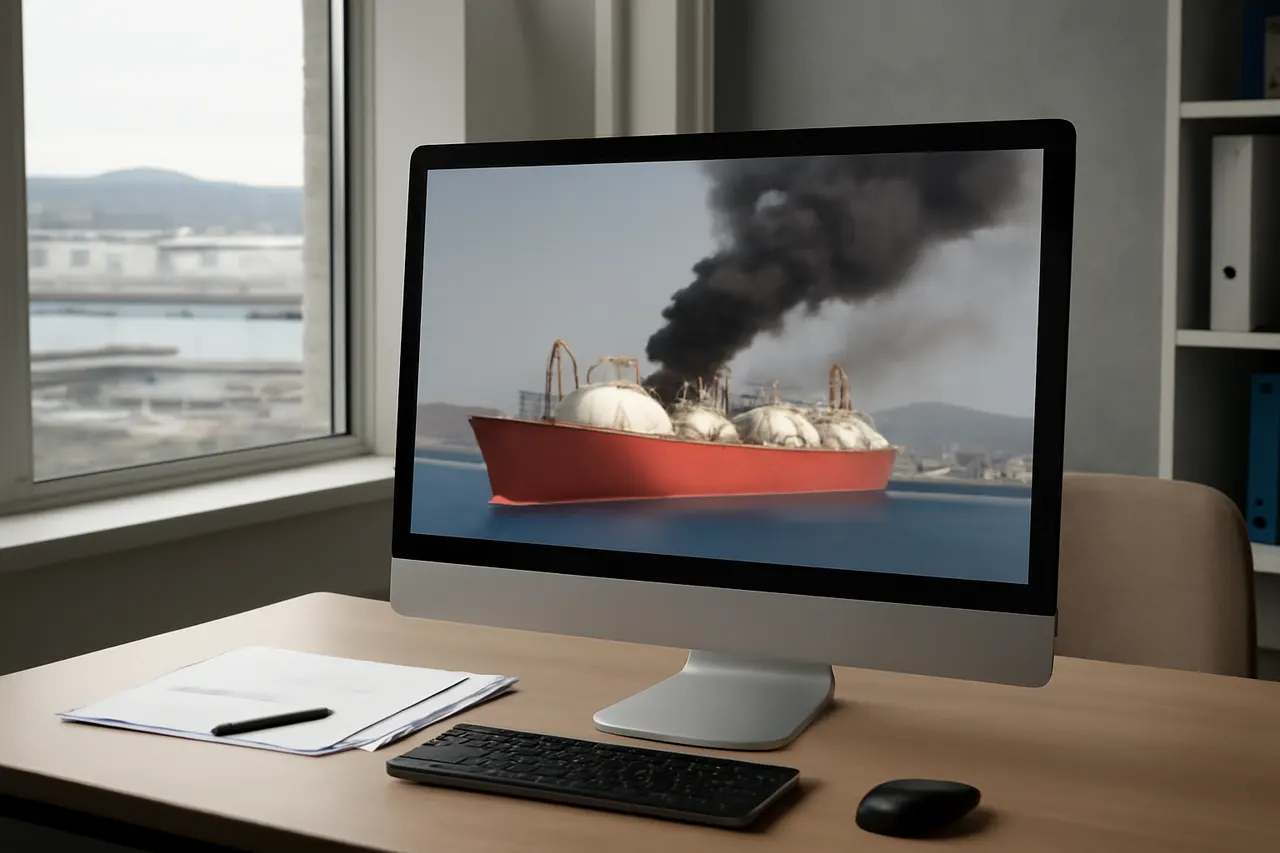 Grounded editorial scene illustrating A fire aboard a Qatari liquified natural gas tanker near the Strait of Hormuz underscores the volatility of global energy markets amid ongoing conflict and rising prices in Asia and Europe.