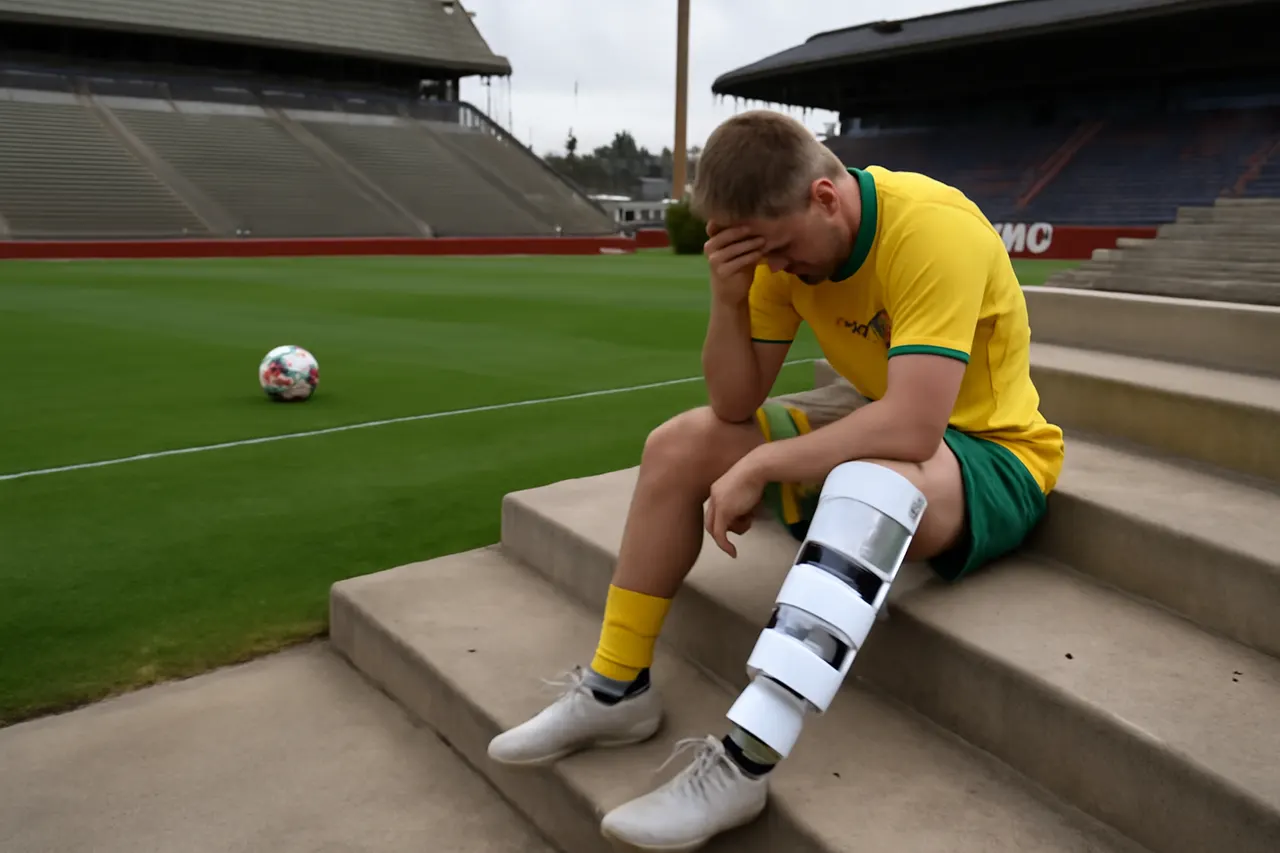 Grounded editorial scene illustrating Feyenoord confirms left-back Jordan Bos will be sidelined for the start of the new season following a knee injury sustained during the FIFA World Cup.