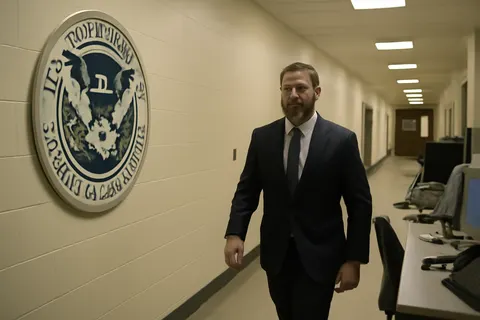 Grounded editorial scene illustrating A Guardian investigation reveals a climate of fear within the Department of Homeland Security during the final months of Kristi Noem’s tenure and the transition to Markwayne Mullin, marked by intimidation tactics against career officials.