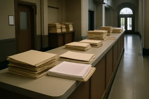 Quiet courthouse or legal-work setting with documents and civic architecture.