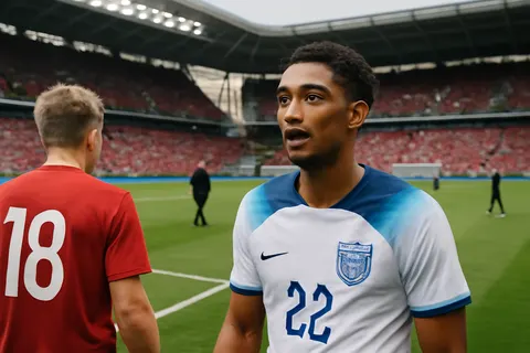 Grounded editorial scene illustrating Jude Bellingham scores both goals in extra time to secure England's victory in their first World Cup meeting against Norway.