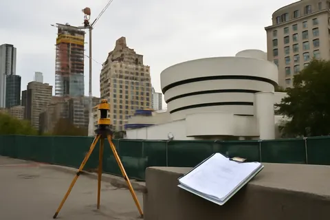 Grounded editorial scene illustrating New York City health officials identify 31 Upper East Side buildings, including the Guggenheim, with legionella bacteria; remediation completed and no closure required.