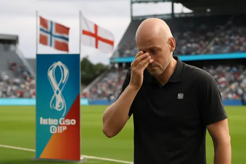 Grounded editorial scene illustrating Norway's World Cup journey ended in a 2-1 extra-time loss to England in the quarter-finals, with coach Stale Solbakken expressing pride in his team's performance and the nation's support.